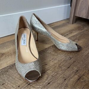 Jimmy Choo Isabel Glitter Peep Toe Kitten Heels EU 36.5